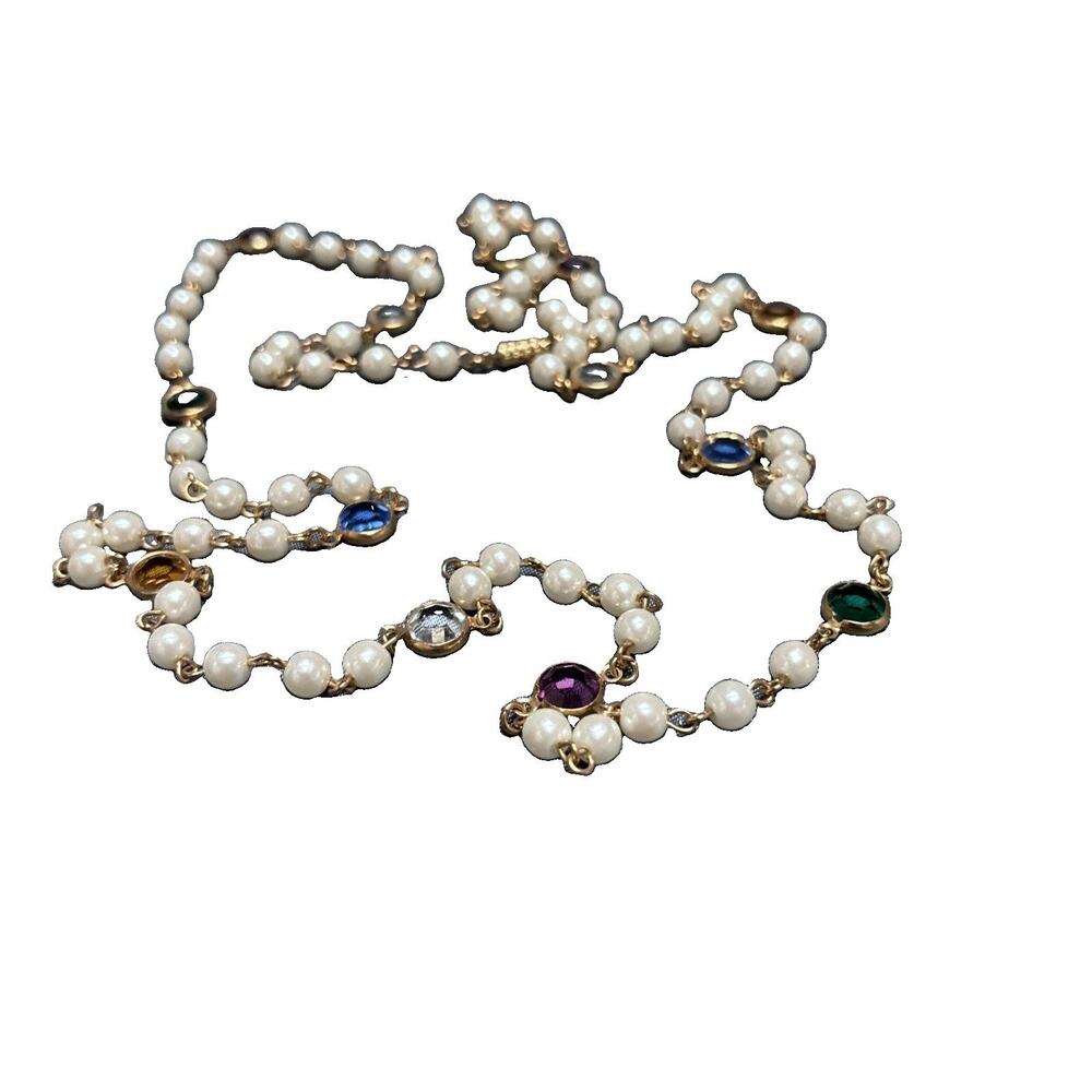 Vintage Faux Pearls Necklace With Colorful Rhinestones Accents Gold Tone 42”